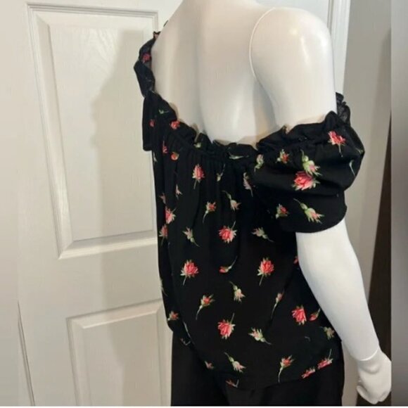 OASIS NWT Rose/Black Print short sleeve elastic ruffled neck viscose breathes 12 - Picture 4 of 16